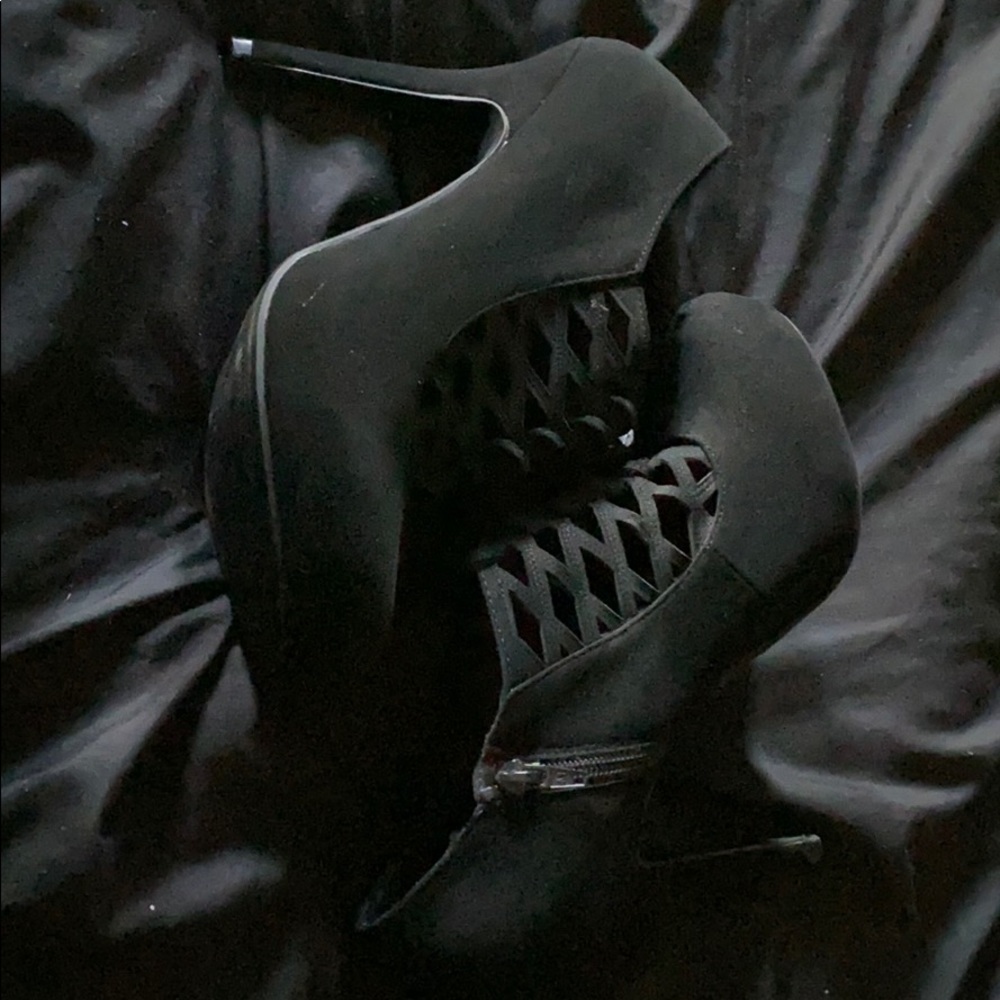 Lace up suede bootie heels